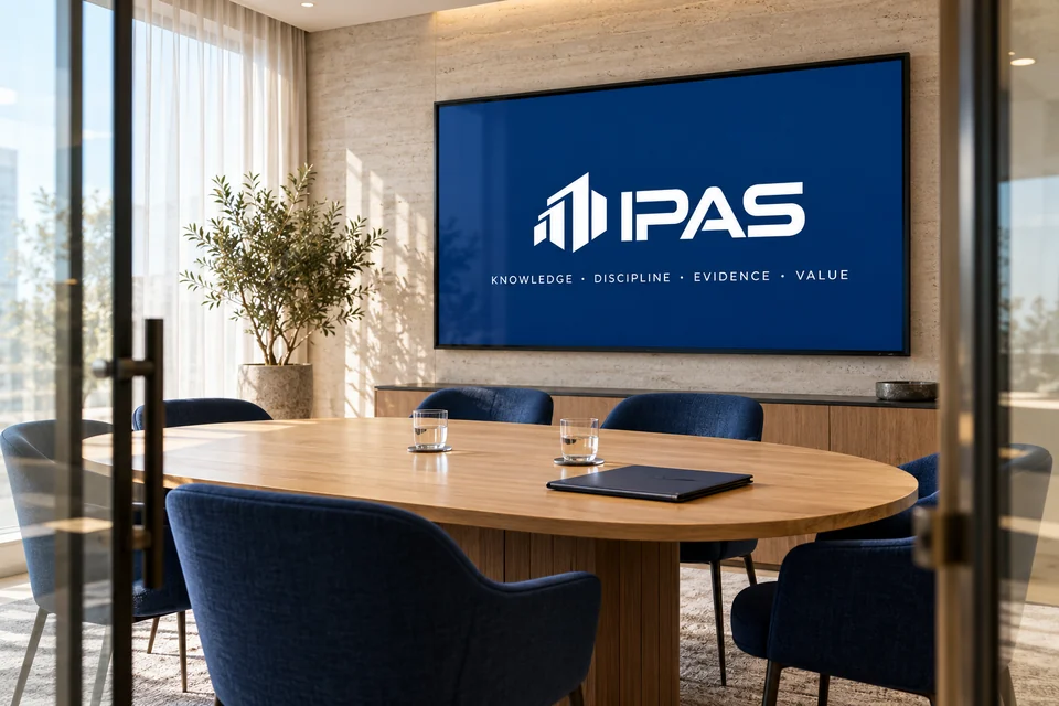 IPAS brand illustration of a meeting room with navy chairs and an IPAS display
